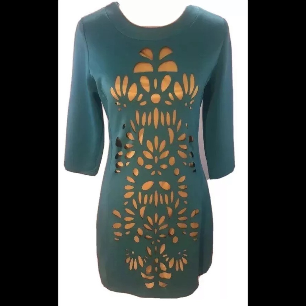 NWT ARYEH Laser cut Teal/Gold knit dress Sz M